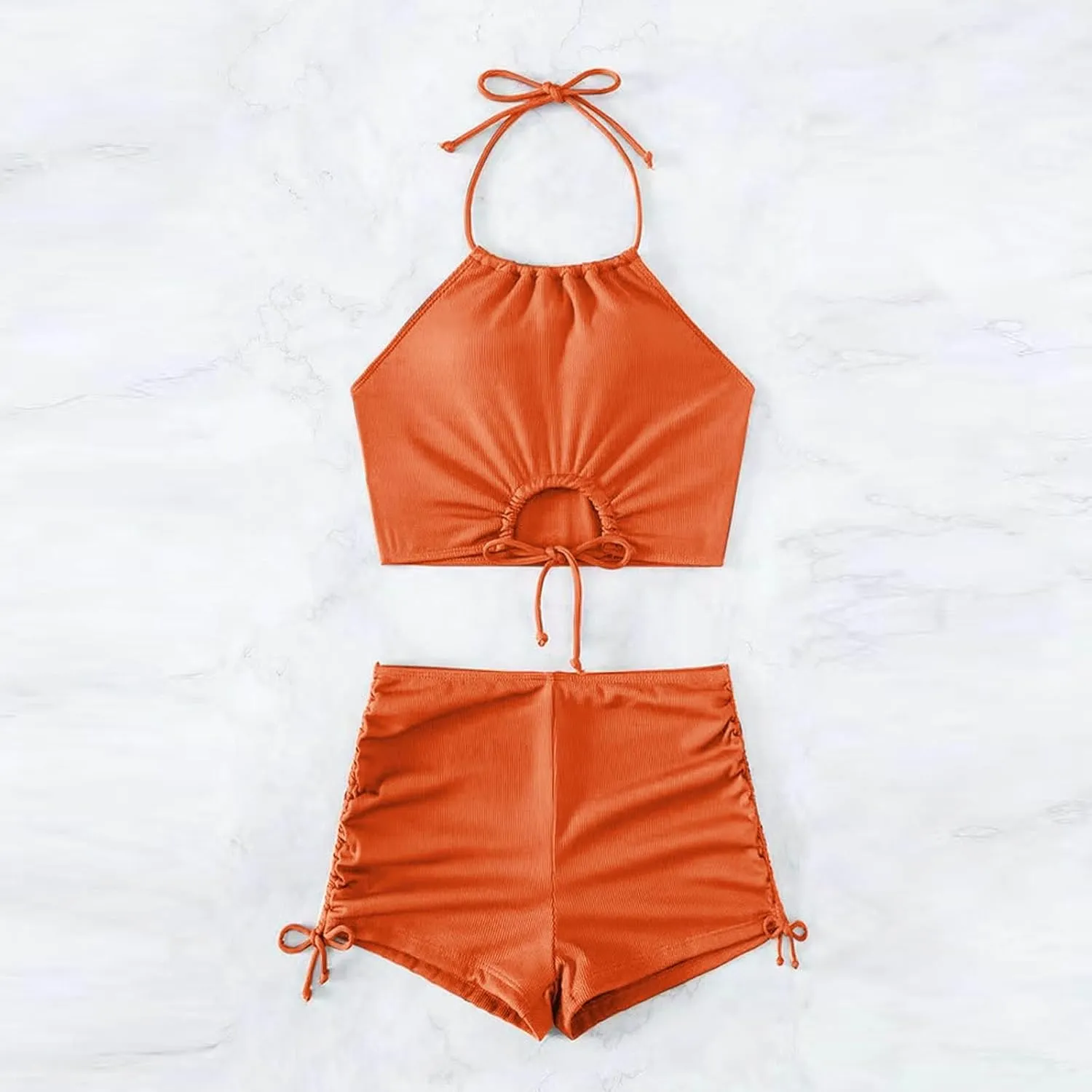 Womens Halter Crop Top Bikini Set Two Piece Drawstring High Waisted Shorts Swimsuit Rib Knitted Ruched Bathing Suit