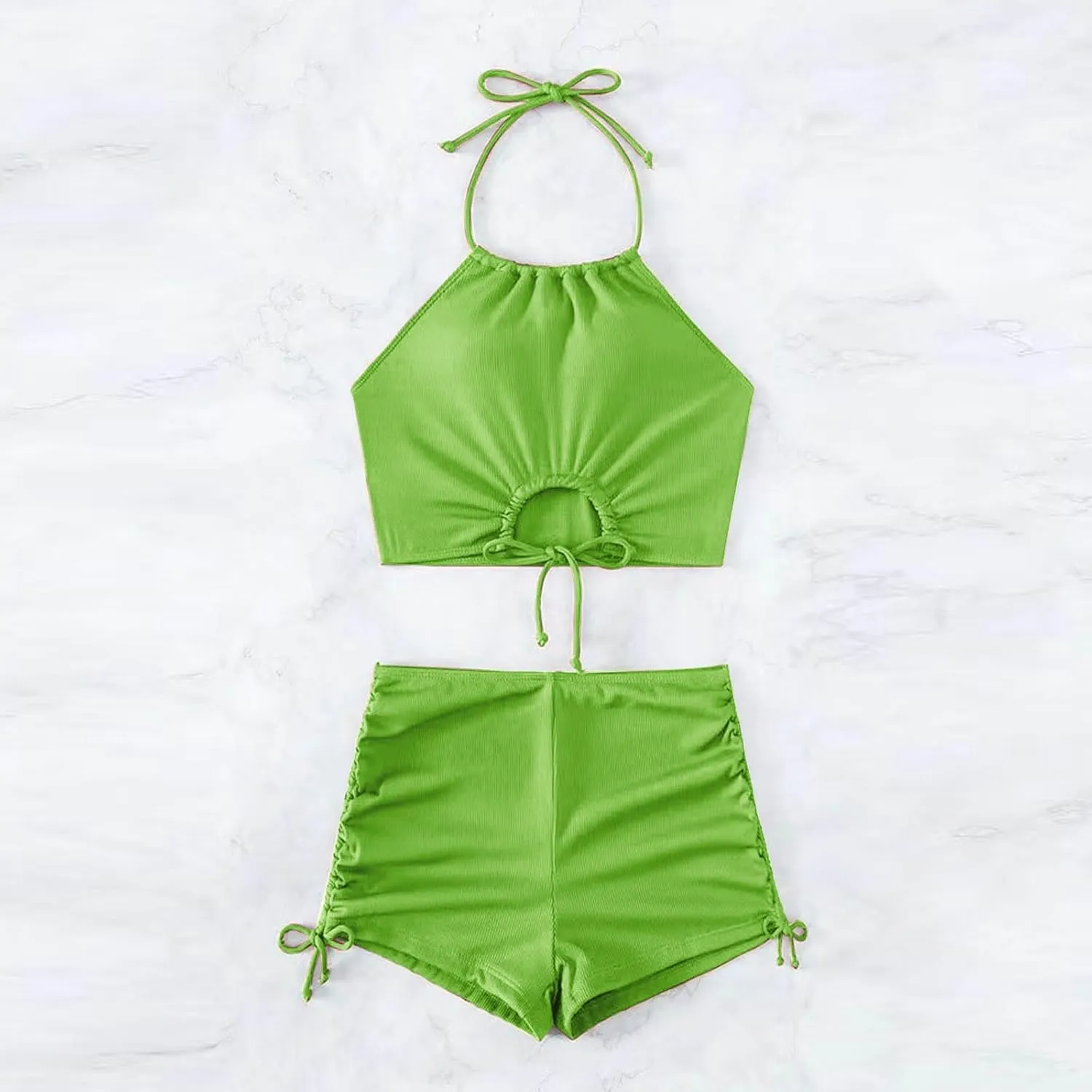 Womens Halter Crop Top Bikini Set Two Piece Drawstring High Waisted Shorts Swimsuit Rib Knitted Ruched Bathing Suit