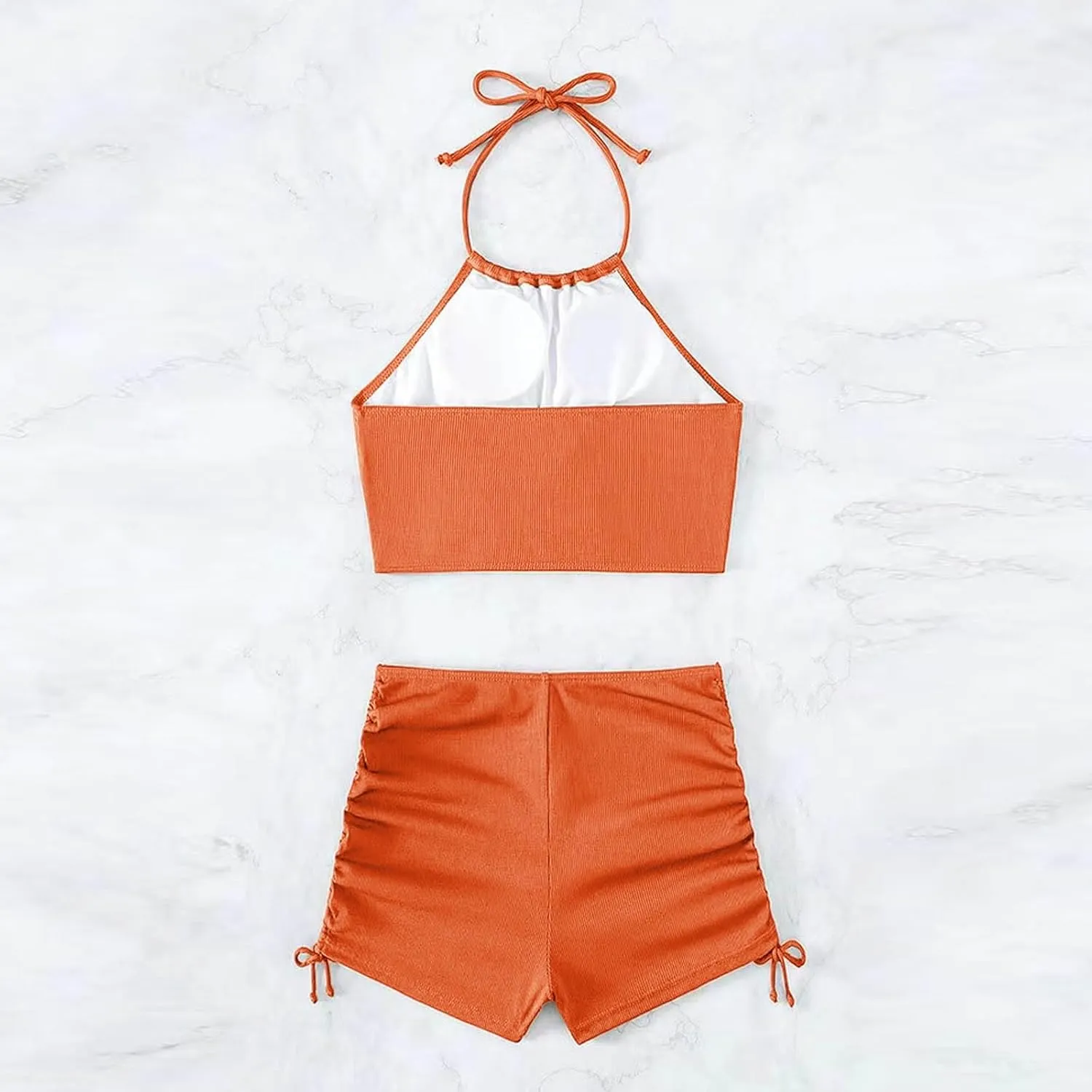 Womens Halter Crop Top Bikini Set Two Piece Drawstring High Waisted Shorts Swimsuit Rib Knitted Ruched Bathing Suit