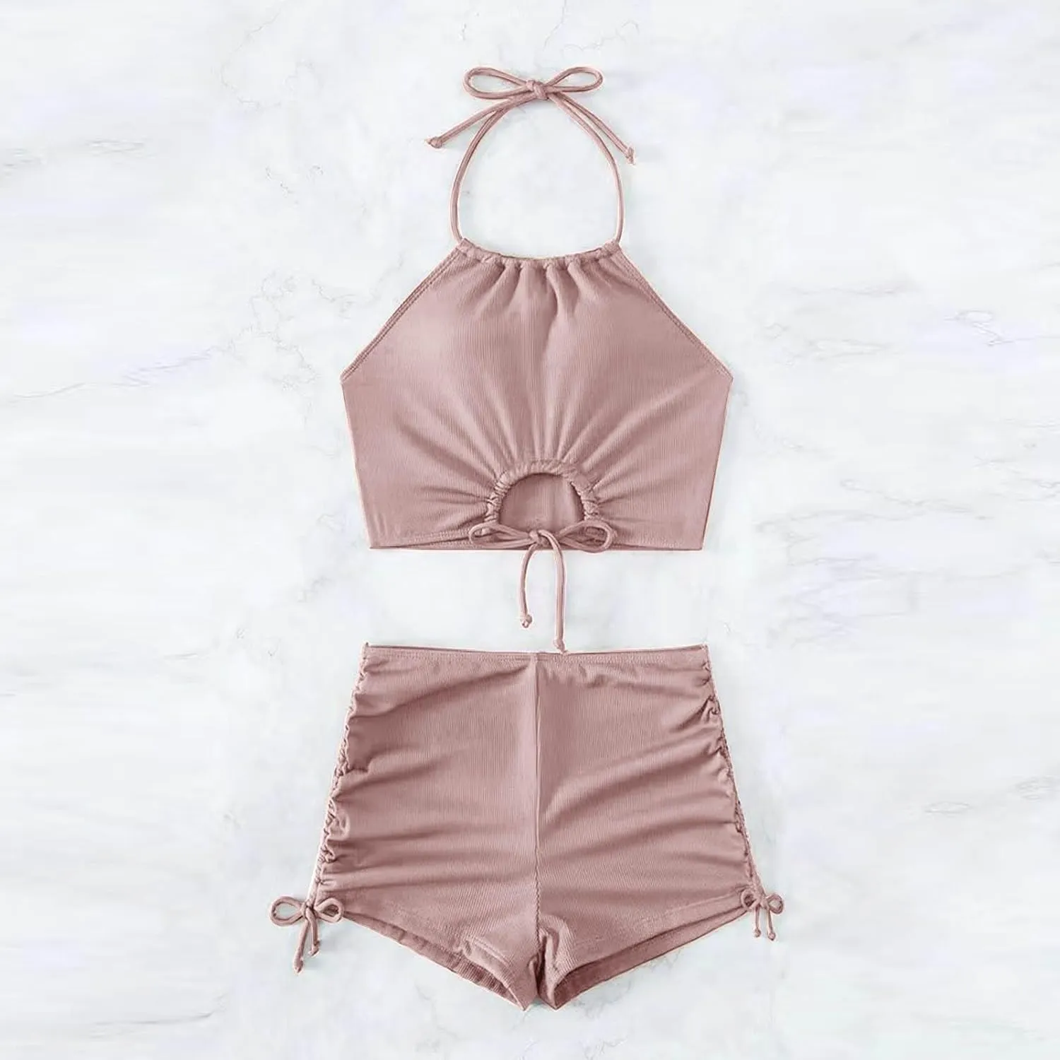 Womens Halter Crop Top Bikini Set Two Piece Drawstring High Waisted Shorts Swimsuit Rib Knitted Ruched Bathing Suit