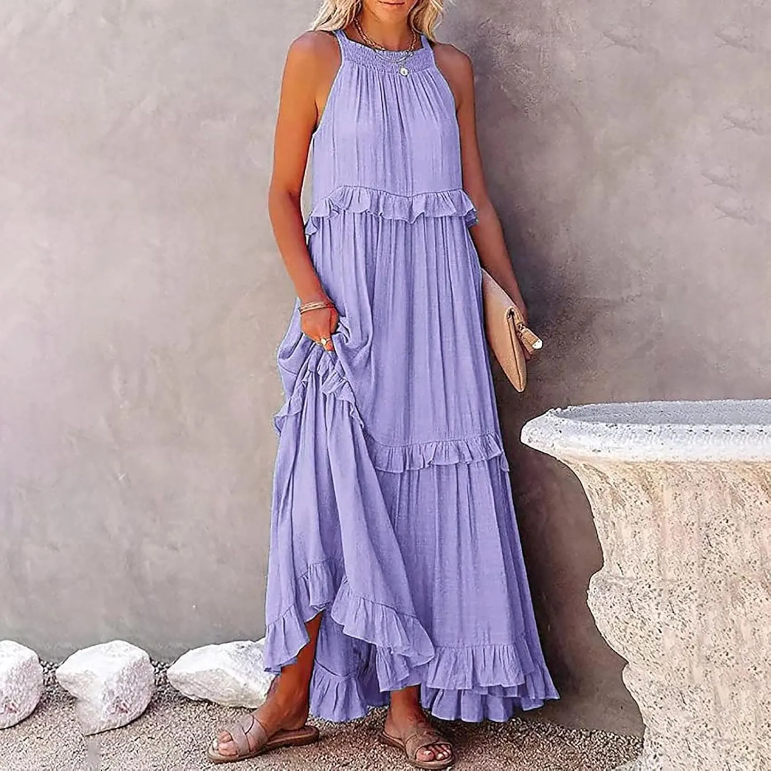 Womens Halter Neck Maxi Dress Sleeveless Tiered Flowy Long Dresses 2025 Summer Ruffle Swing Beach Sundress