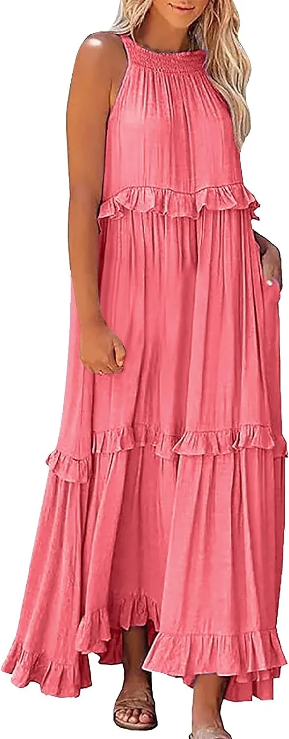 Womens Halter Neck Maxi Dress Sleeveless Tiered Flowy Long Dresses 2025 Summer Ruffle Swing Beach Sundress
