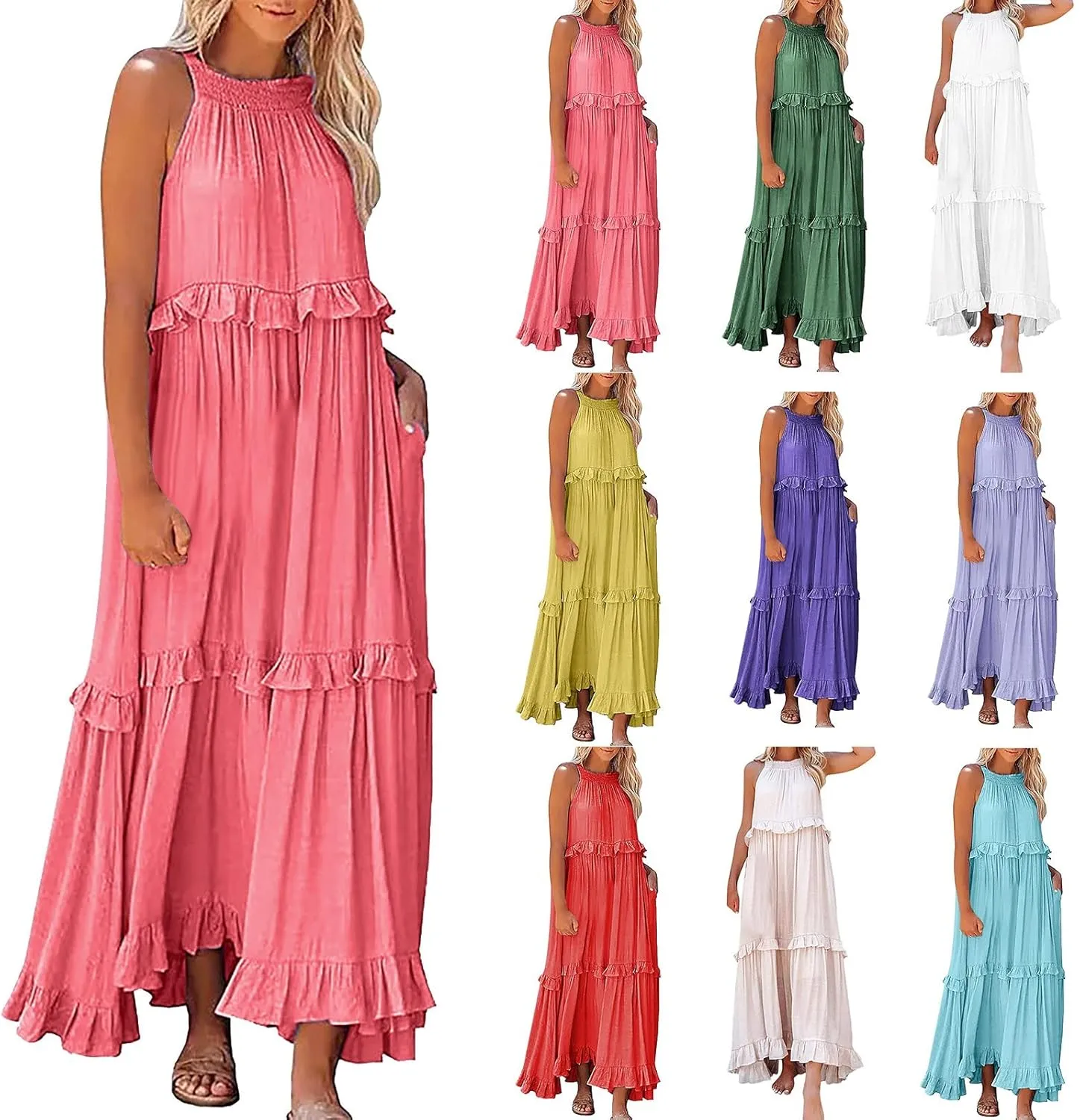 Womens Halter Neck Maxi Dress Sleeveless Tiered Flowy Long Dresses 2025 Summer Ruffle Swing Beach Sundress