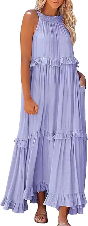 Womens Halter Neck Maxi Dress Sleeveless Tiered Flowy Long Dresses 2025 Summer Ruffle Swing Beach Sundress