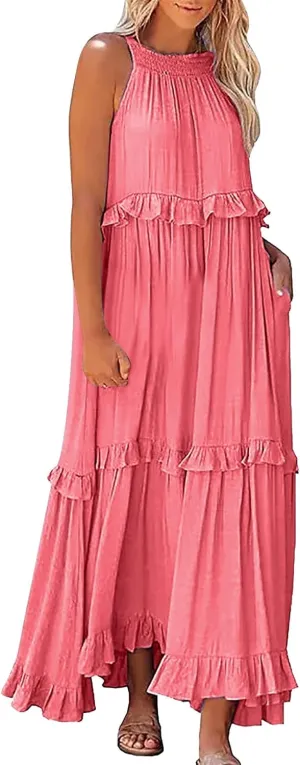 Womens Halter Neck Maxi Dress Sleeveless Tiered Flowy Long Dresses 2025 Summer Ruffle Swing Beach Sundress