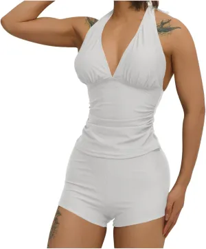 Womens Halter Tankini Bathing Suits Tummy Control Swimsuit Side Ruched Sexy V Neck Backless Simwear with Boy Shorts