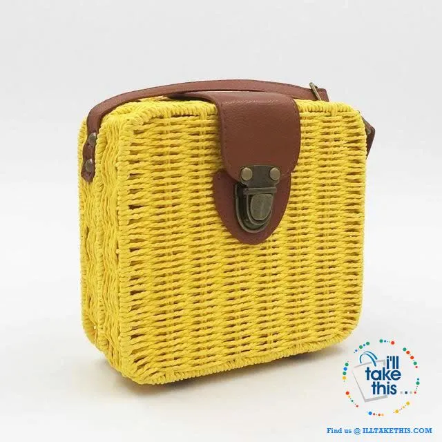 Women's Handmade CUBE Bohemian inspired small Straw Crossbody Bag - 8 Fashionable Colors
