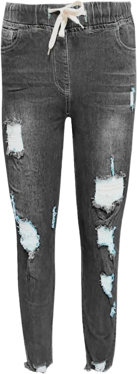 Women's High Waisted Ripped Jeans Skinny Stretch Denims Pants Casual Drawstring Cropped Destroyed Slim Fit Trousers