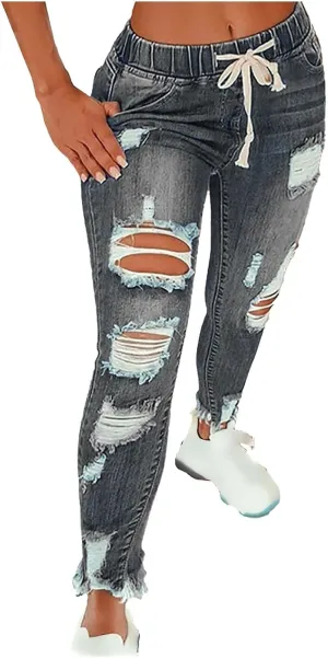 Women's High Waisted Ripped Jeans Skinny Stretch Denims Pants Casual Drawstring Cropped Destroyed Slim Fit Trousers