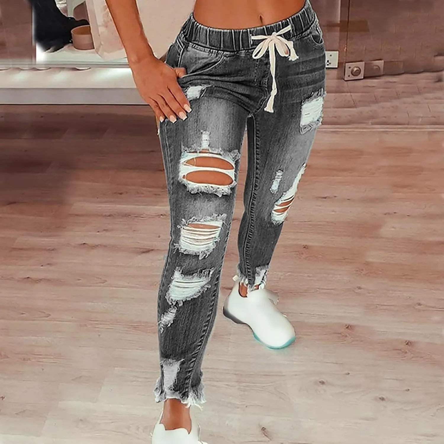 Women's High Waisted Ripped Jeans Skinny Stretch Denims Pants Casual Drawstring Cropped Destroyed Slim Fit Trousers