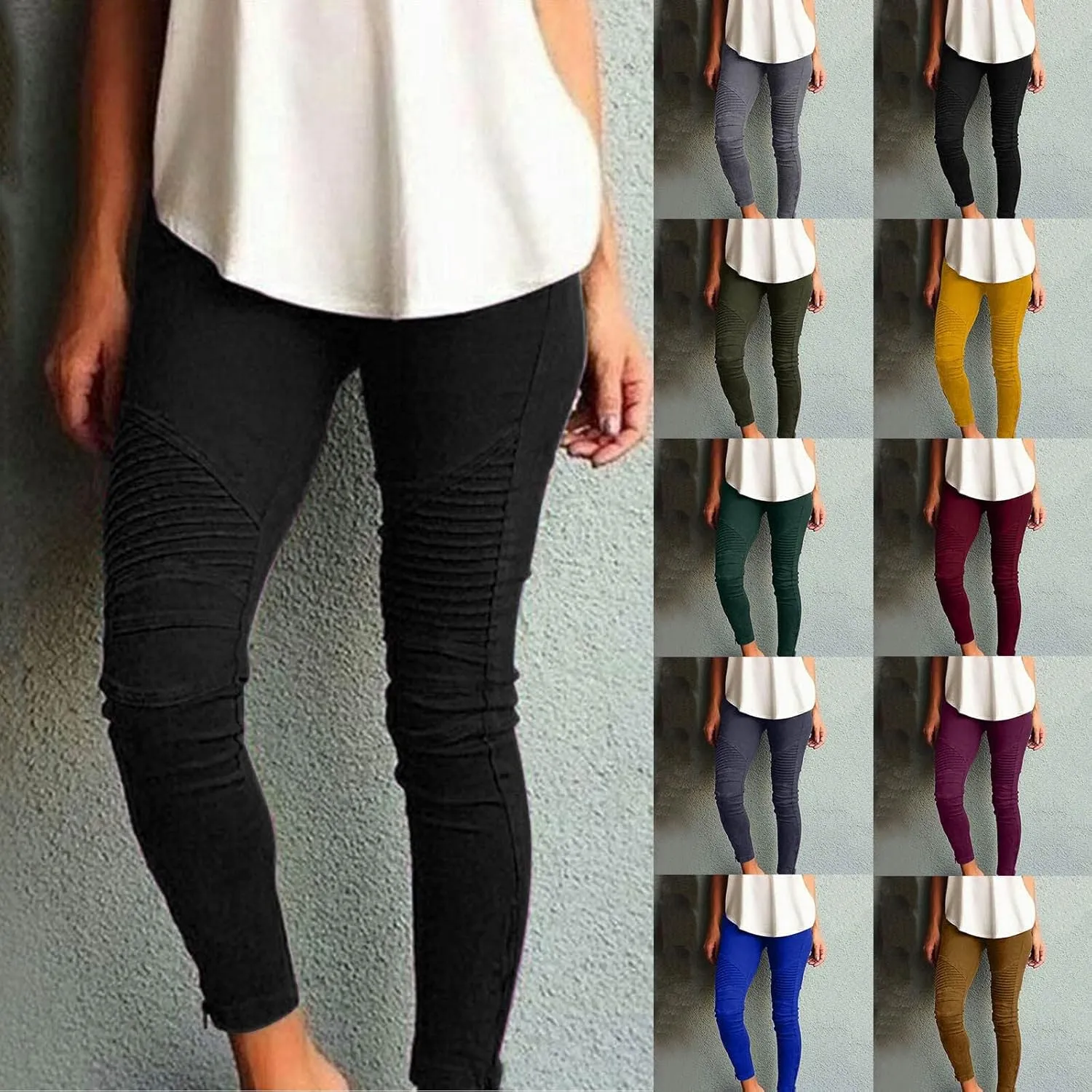 Womens High Waisted Stretch Jeggings with Pockets Casual Pull-On Moto Biker Leggings Slim Fit Skinny Jeans Pencil Denim Pants