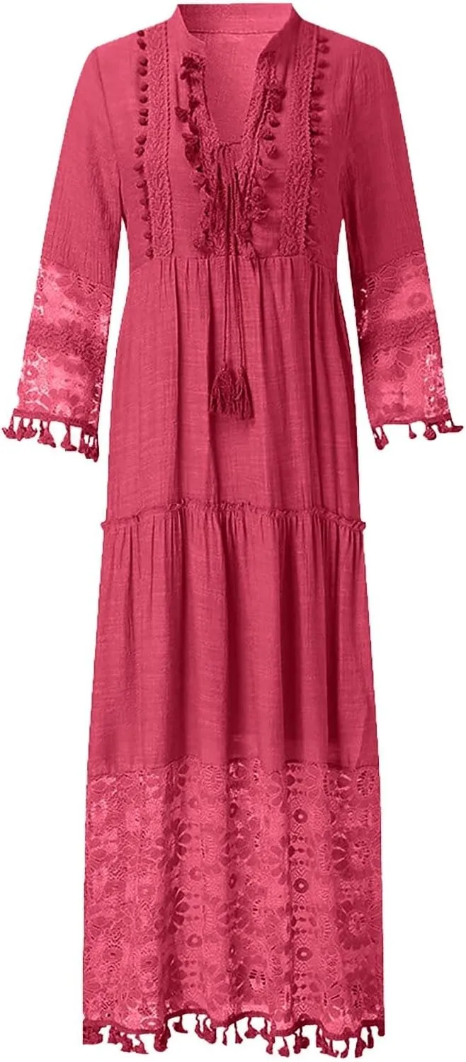 Womens Lace Embroidered Eyelet Maxi Dresses 3/4 Trumpet Sleeve Button V Neck Flowy Swing Hem Tiered A Line Boho Maxi Dress