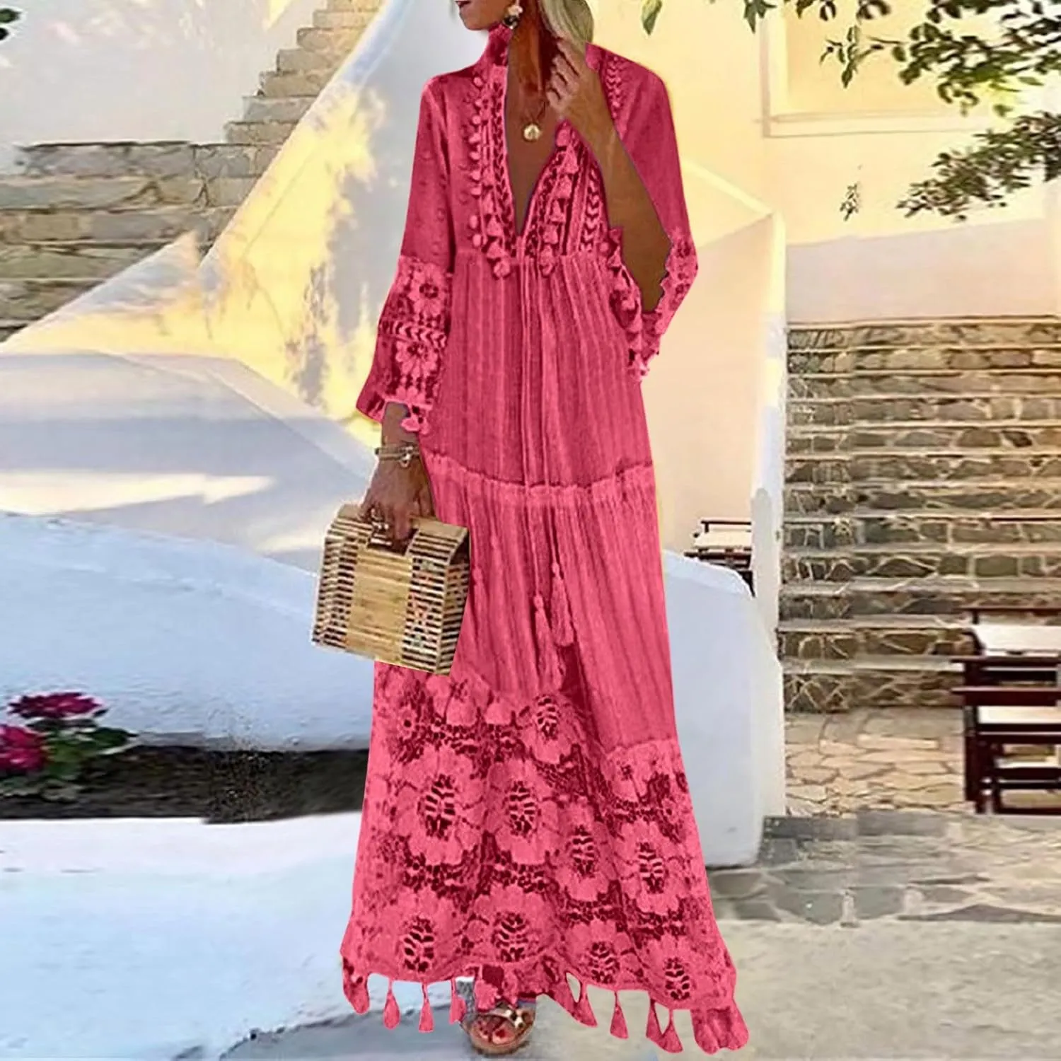 Womens Lace Embroidered Eyelet Maxi Dresses 3/4 Trumpet Sleeve Button V Neck Flowy Swing Hem Tiered A Line Boho Maxi Dress