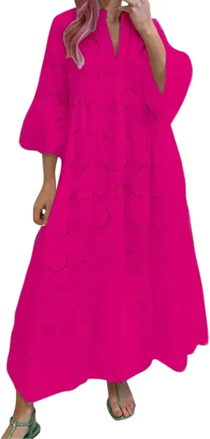 Womens Lace Embroidered Eyelet Maxi Dresses 3/4 Trumpet Sleeve Button V Neck Flowy Swing Hem Tiered A Line Boho Maxi Dress