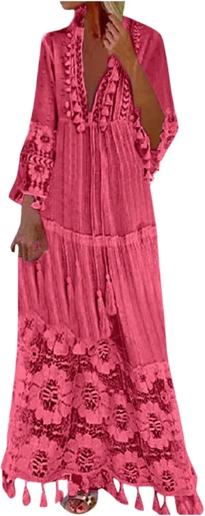 Womens Lace Embroidered Eyelet Maxi Dresses 3/4 Trumpet Sleeve Button V Neck Flowy Swing Hem Tiered A Line Boho Maxi Dress
