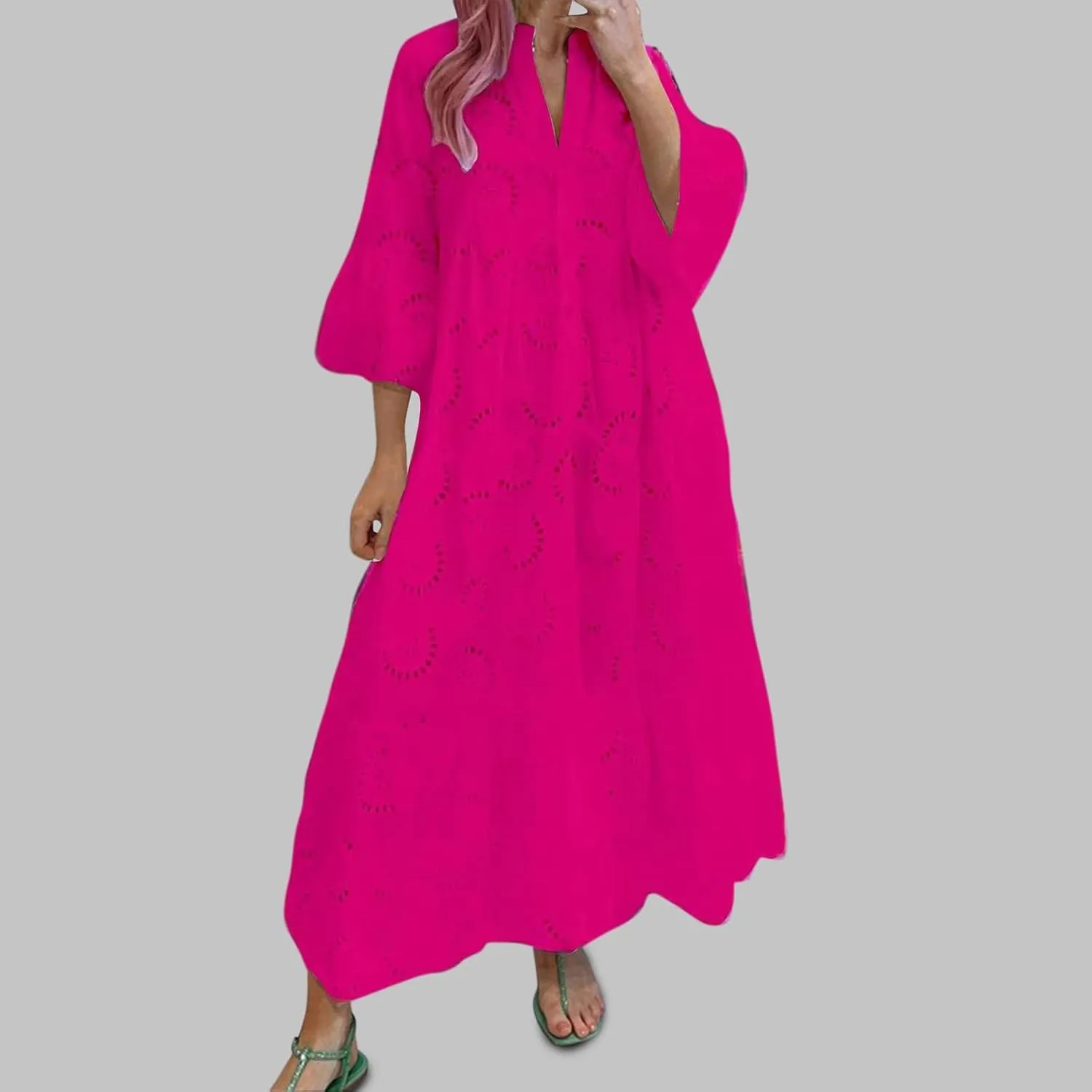 Womens Lace Embroidered Eyelet Maxi Dresses 3/4 Trumpet Sleeve Button V Neck Flowy Swing Hem Tiered A Line Boho Maxi Dress