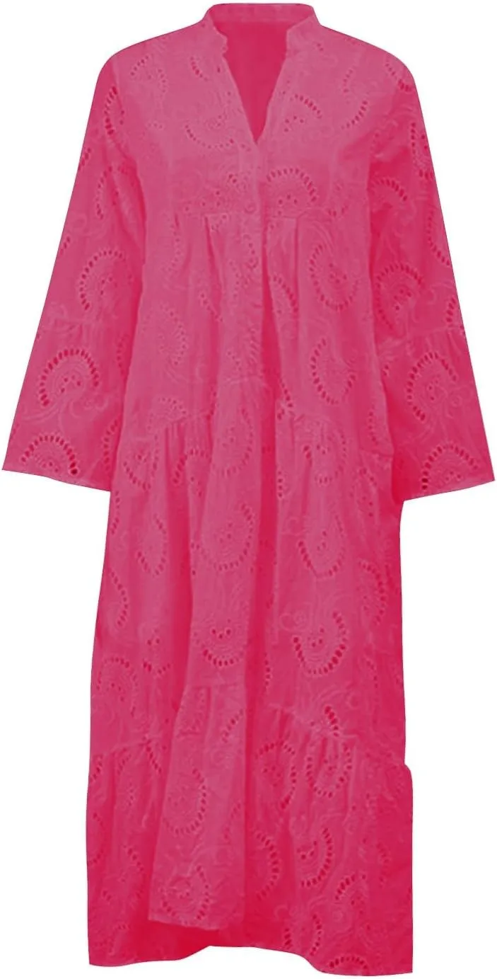 Womens Lace Embroidered Eyelet Maxi Dresses 3/4 Trumpet Sleeve Button V Neck Flowy Swing Hem Tiered A Line Boho Maxi Dress