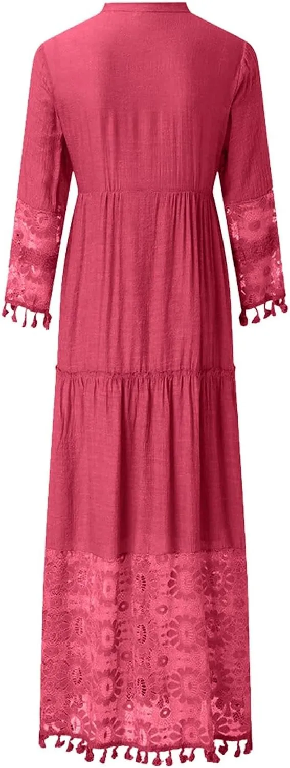 Womens Lace Embroidered Eyelet Maxi Dresses 3/4 Trumpet Sleeve Button V Neck Flowy Swing Hem Tiered A Line Boho Maxi Dress