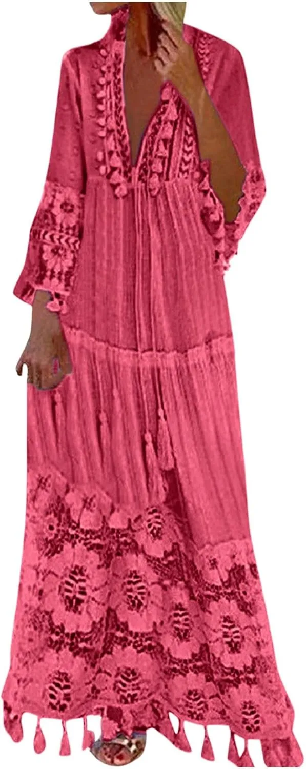 Womens Lace Embroidered Eyelet Maxi Dresses 3/4 Trumpet Sleeve Button V Neck Flowy Swing Hem Tiered A Line Boho Maxi Dress