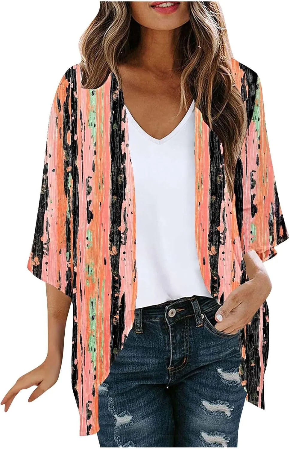 Womens Leopard Chiffon Kimono Cardigans 3/4 Sleeve Loose Beach Cover Up Lightweight Sun Protection Clothes Rash Guard