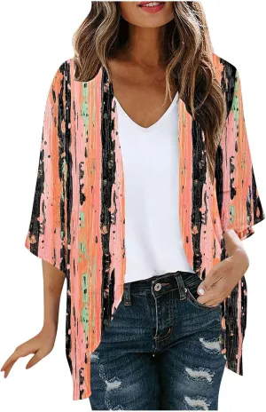Womens Leopard Chiffon Kimono Cardigans 3/4 Sleeve Loose Beach Cover Up Lightweight Sun Protection Clothes Rash Guard