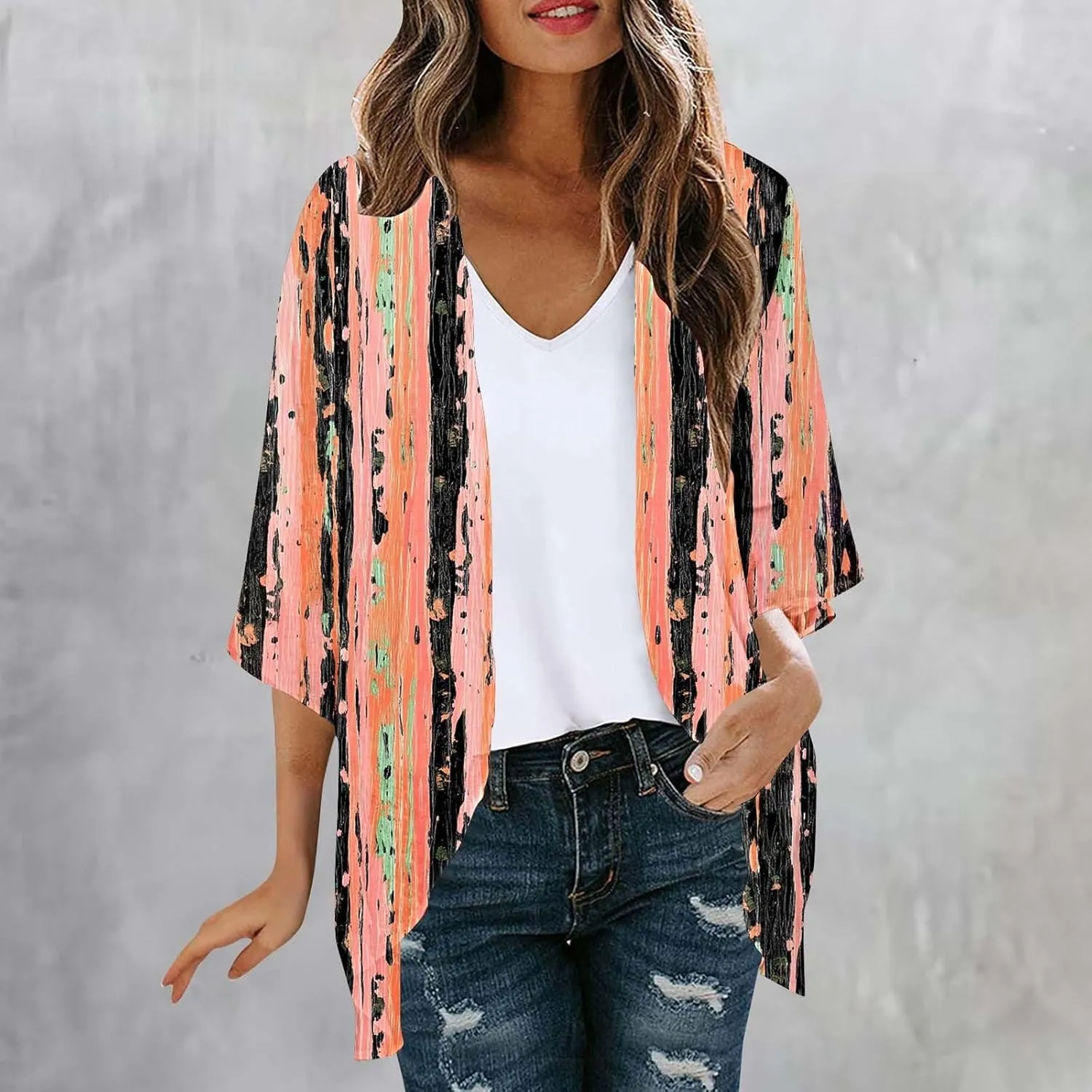 Womens Leopard Chiffon Kimono Cardigans 3/4 Sleeve Loose Beach Cover Up Lightweight Sun Protection Clothes Rash Guard