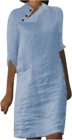Womens Linen Dresses 2025 Summer Cap Sleeves Solid Tshirt Dresses Button Down Short Dress Oversized Mini Sundress