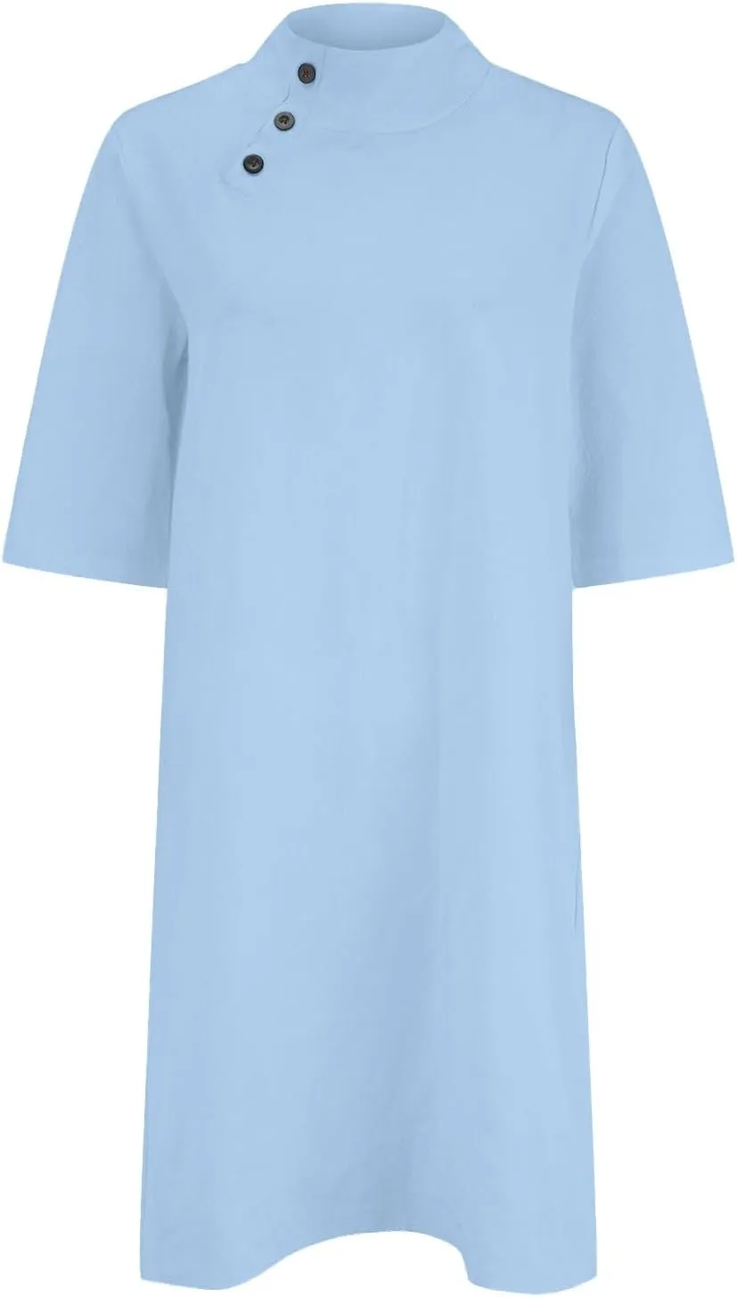 Womens Linen Dresses 2025 Summer Cap Sleeves Solid Tshirt Dresses Button Down Short Dress Oversized Mini Sundress