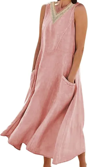 Womens Linen Maxi Dress Sleeveless V Neck Flowy Beach Dresses Summer Casual Loose Sundress Plus Size Boho Dresses with Pocket