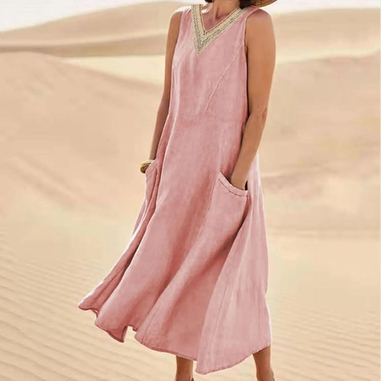 Womens Linen Maxi Dress Sleeveless V Neck Flowy Beach Dresses Summer Casual Loose Sundress Plus Size Boho Dresses with Pocket