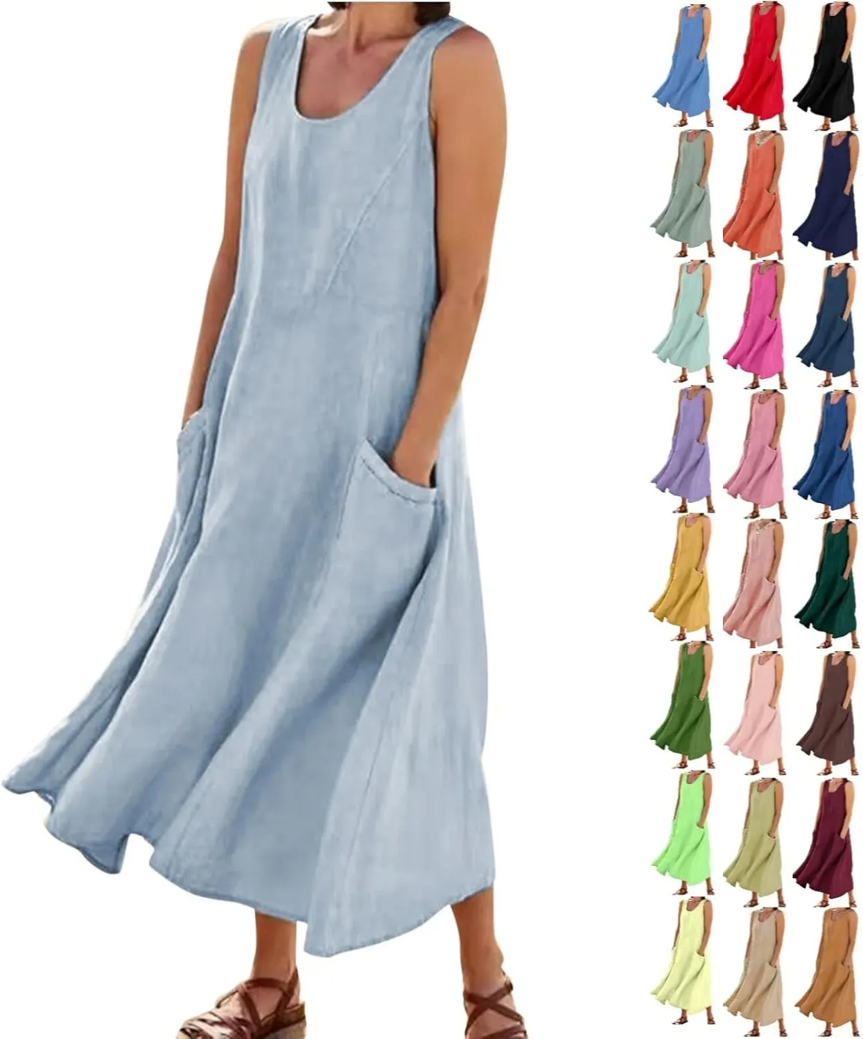 Womens Linen Maxi Dress Sleeveless V Neck Flowy Beach Dresses Summer Casual Loose Sundress Plus Size Boho Dresses with Pocket