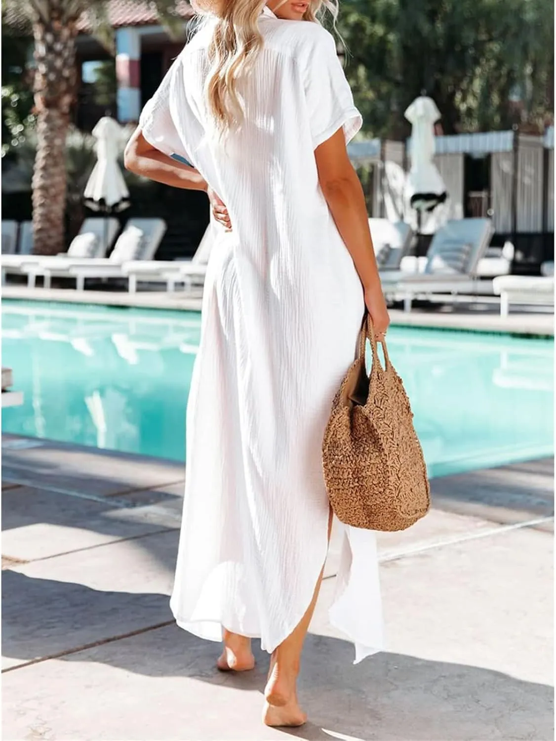 Womens Long Cardigans Short Sleeve Button Down Collared Loose Fit Swimsuit Cover Ups Summer Beach Vacation Dress