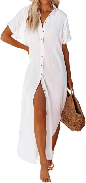 Womens Long Cardigans Short Sleeve Button Down Collared Loose Fit Swimsuit Cover Ups Summer Beach Vacation Dress