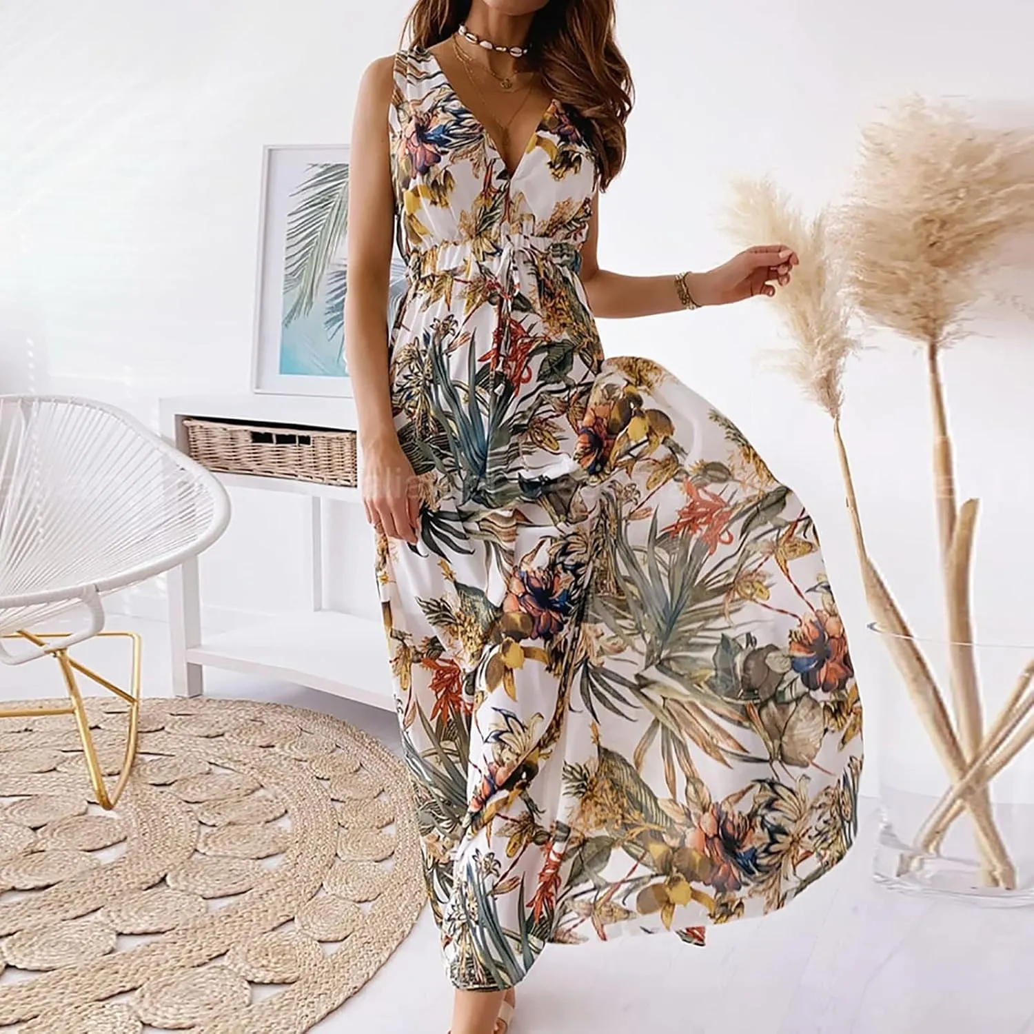 Womens Long Sleeve Dresses Floral Dresses for Women Turtle Neck Chiffon Beach Hawaiian Cardigan Maxi Long Dresses