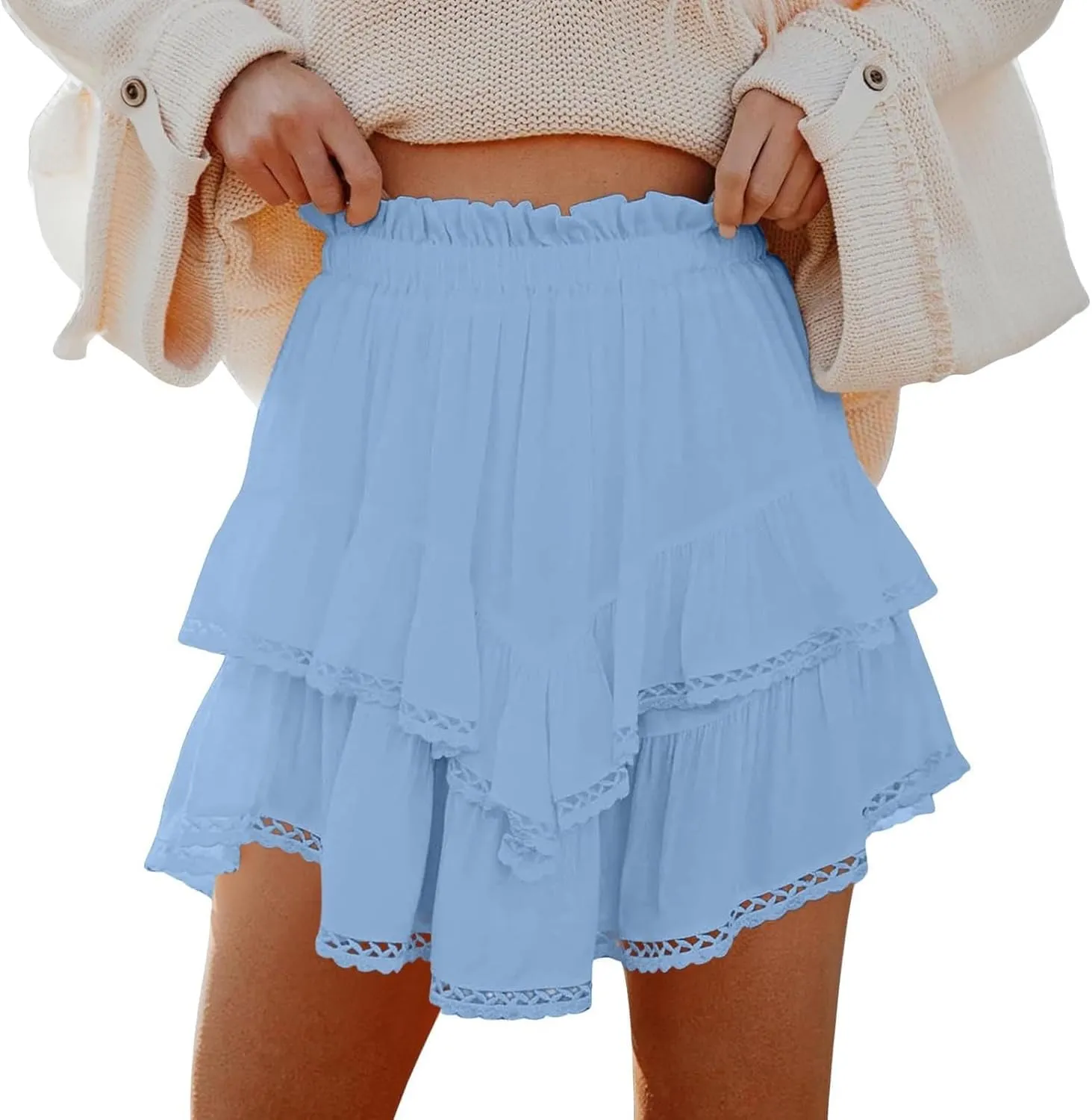 Womens Mini Skirts Double Layer Ruffle Fashion Solid Color Lace Hem Elastic Waist Skirts Swing Cute Beach Skorts
