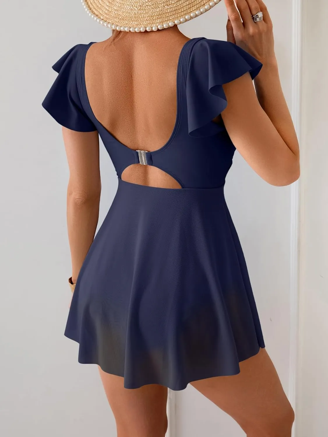 Women's One Piece Ruffle Swimsuit Sexy Mesh One Piece Swim Dress Tummy Control V Neck Swimwear