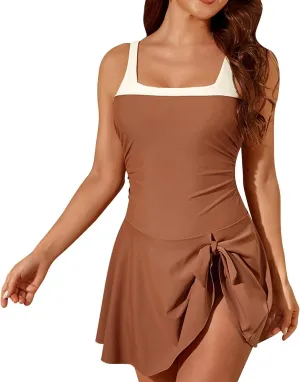 Women's One Piece Swimdress Swimsuits 2025 Summer Tummy Control Swim Dresses Skirt Colorblock Slimming Bathing Suit
