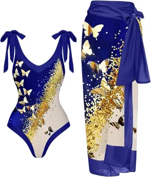Womens One-Piece Swimsuit Print Chiffon Cover Up Beach Sarong Swimwear Beachwear Retro Wrap Maxi Skirt Bathing Suit