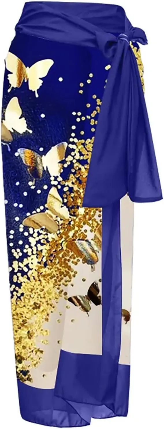 Womens One-Piece Swimsuit Print Chiffon Cover Up Beach Sarong Swimwear Beachwear Retro Wrap Maxi Skirt Bathing Suit
