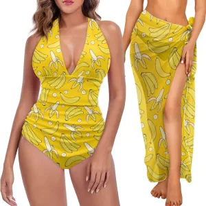 Women's One Piece Swimsuit with Matching Cover Up Sets High Waisted Bathing Suit with Long Bikini Wrap Skirt