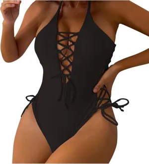 Women's One Piece Swimsuits 2025 High Cut Sexy One-Piece Monokini Bathing Suit Side Cut Out Lace Up Backless Swimwear