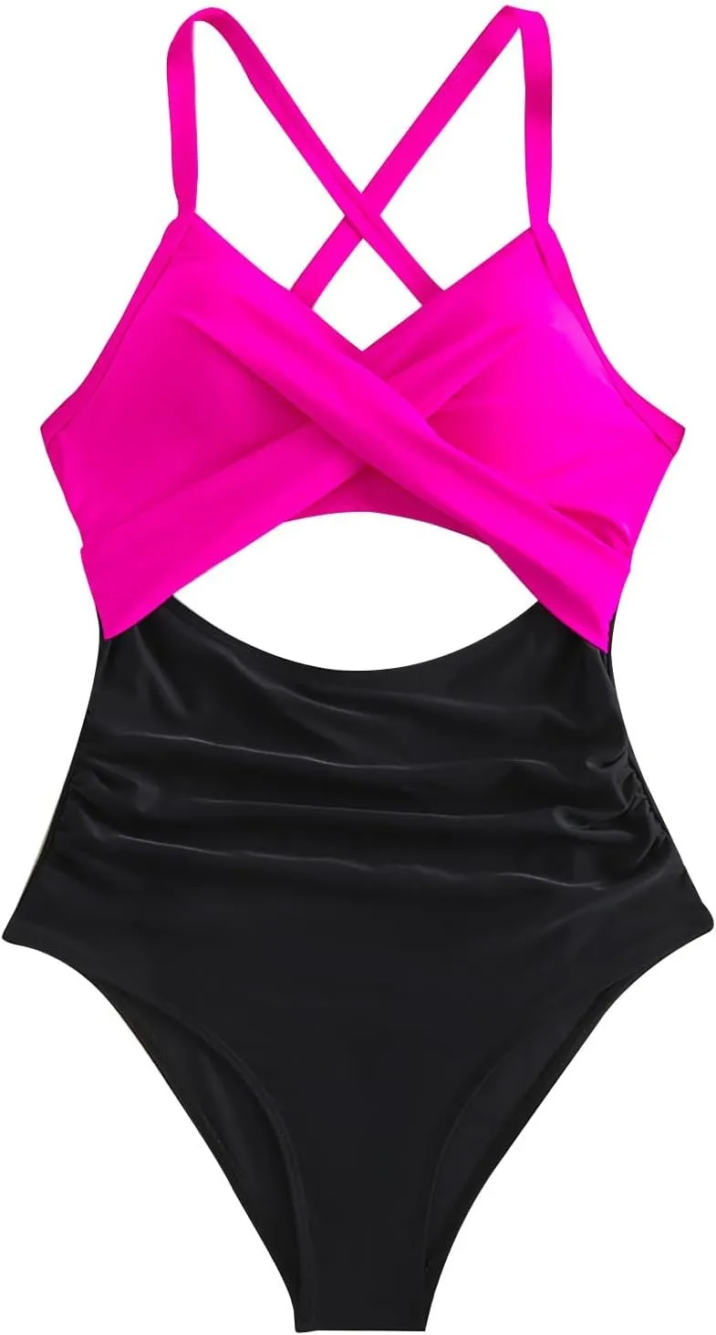 Womens One Piece Swimsuits Hanging Neck Strap Backless Swimwear Tummy Control Monokini High Waisted Bathing Suit