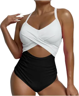 Womens One Piece Swimsuits Hanging Neck Strap Backless Swimwear Tummy Control Monokini High Waisted Bathing Suit