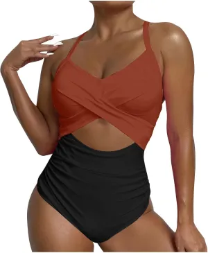 Womens One Piece Swimsuits Hanging Neck Strap Backless Swimwear Tummy Control Monokini High Waisted Bathing Suit