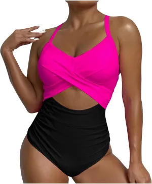 Womens One Piece Swimsuits Hanging Neck Strap Backless Swimwear Tummy Control Monokini High Waisted Bathing Suit