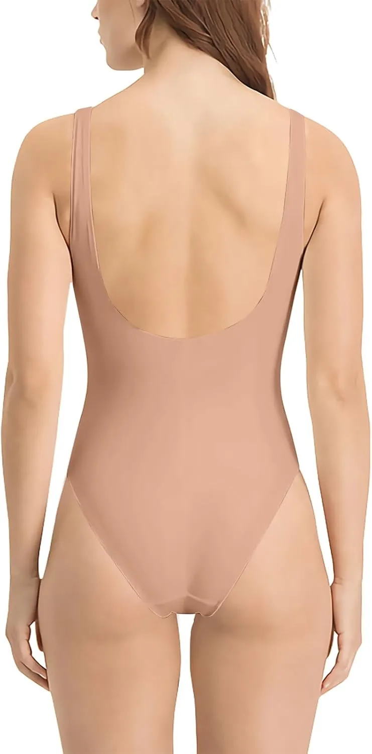 Women's One Piece Swimsuits Scoop Neck Backless Bathing Suit Wide Strap High Cut Tummy Control Slimming Swimwear