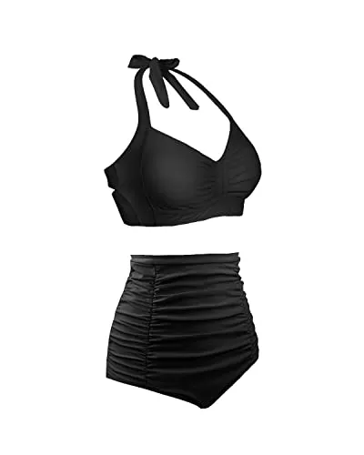 Women's Polyester And Spandex Quick Drying Retro Swimwear-Black