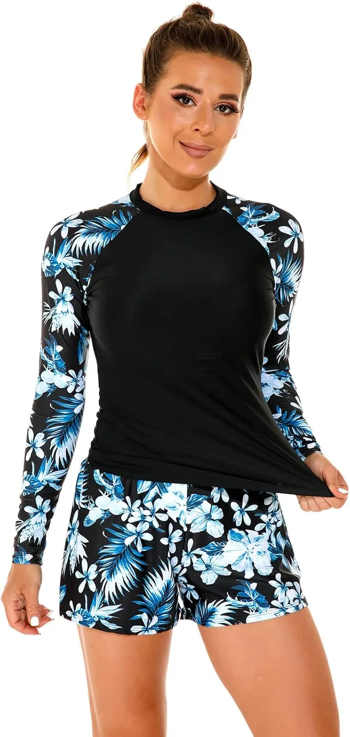 Womens Rash Guards Long Sleeve Swim Shirt Crop Top Shorts Two Piece Swimsuits UV Protection UPF 50 Bathing Suit