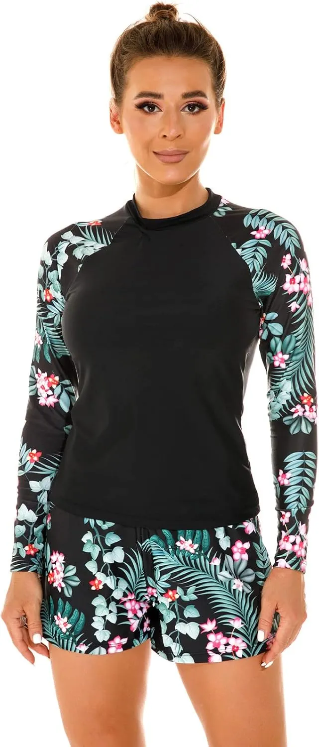Womens Rash Guards Long Sleeve Swim Shirt Crop Top Shorts Two Piece Swimsuits UV Protection UPF 50 Bathing Suit