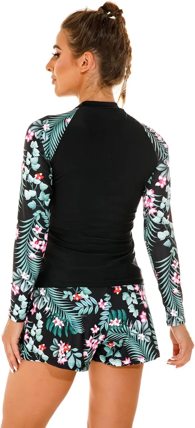 Womens Rash Guards Long Sleeve Swim Shirt Crop Top Shorts Two Piece Swimsuits UV Protection UPF 50 Bathing Suit